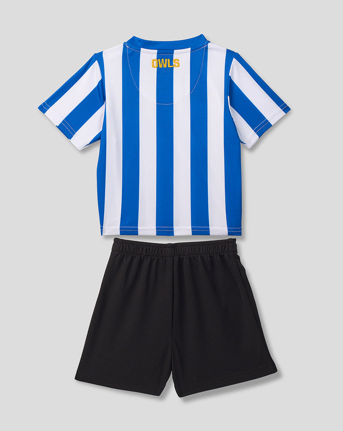 Baby Sheffield Wednesday 2026/27 home kit top with blue and white vertical stripes paired with black shorts