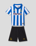 Infant Sheffield Wednesday 2026/27 home kit front view with blue white stripes yellow crest Umbro detailing and black shorts