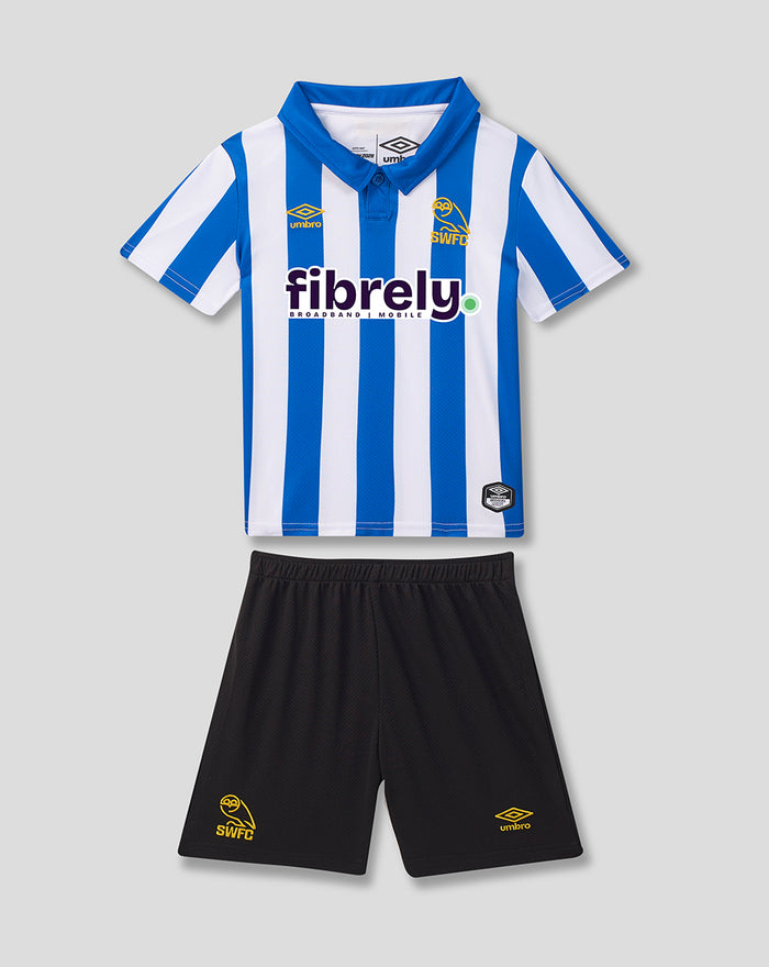 Infant Sheffield Wednesday 2026/27 home kit front view with blue white stripes yellow crest Umbro detailing and black shorts