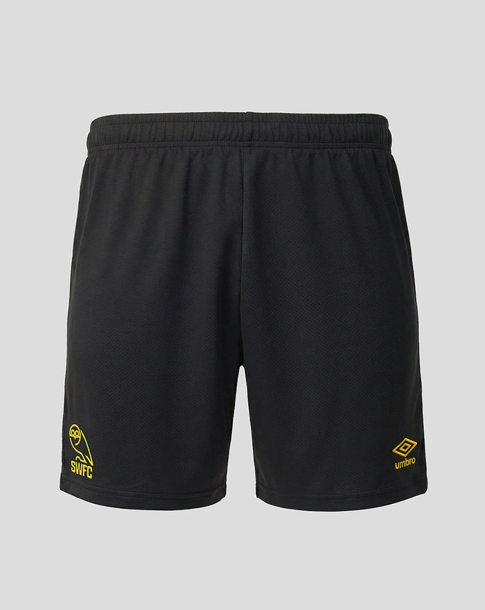 Black Sheffield Wednesday junior home shorts with yellow SWFC crest and Umbro logo
