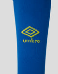 Royal blue Sheffield Wednesday junior home sock close up showing the yellow Umbro logo on knitted fabric