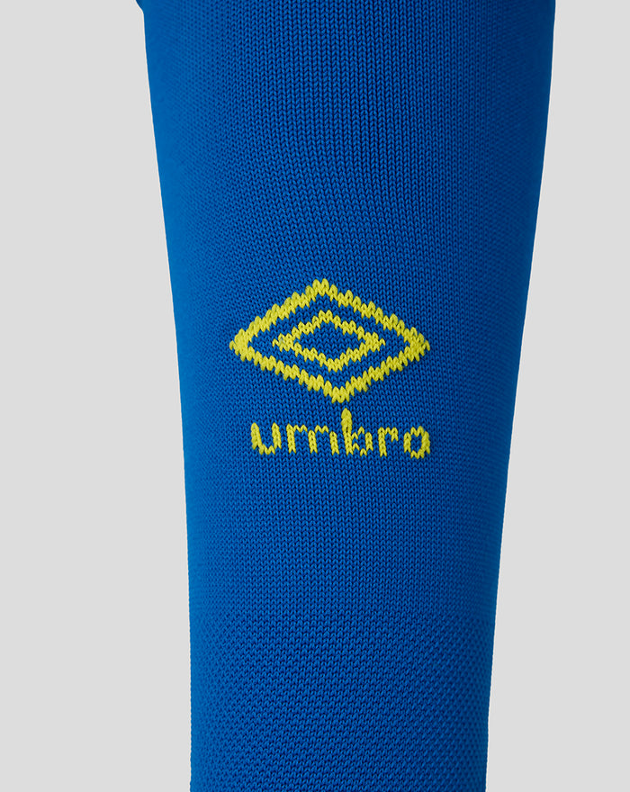 Royal blue Sheffield Wednesday junior home sock close up showing the yellow Umbro logo on knitted fabric