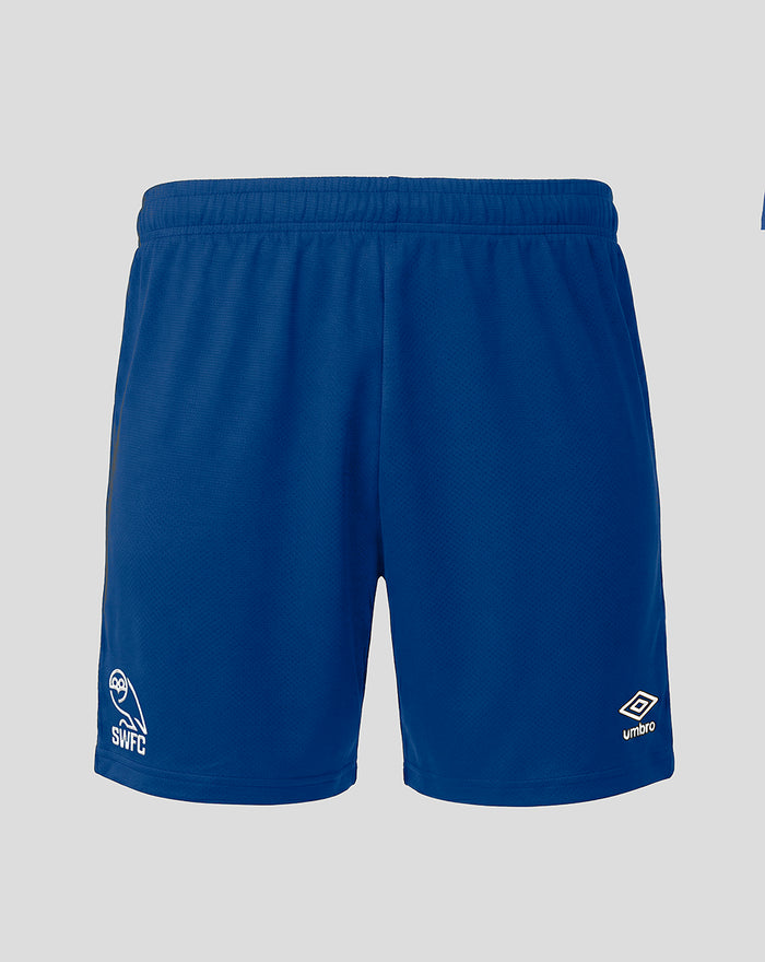 Navy Sheffield Wednesday junior 2026/27 home goalkeeper shorts front view with SWFC crest and Umbro logo