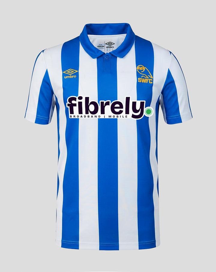 Sheffield Wednesday junior home shirt blue and white vertical stripes with ribbed polo collar and Umbro branding.