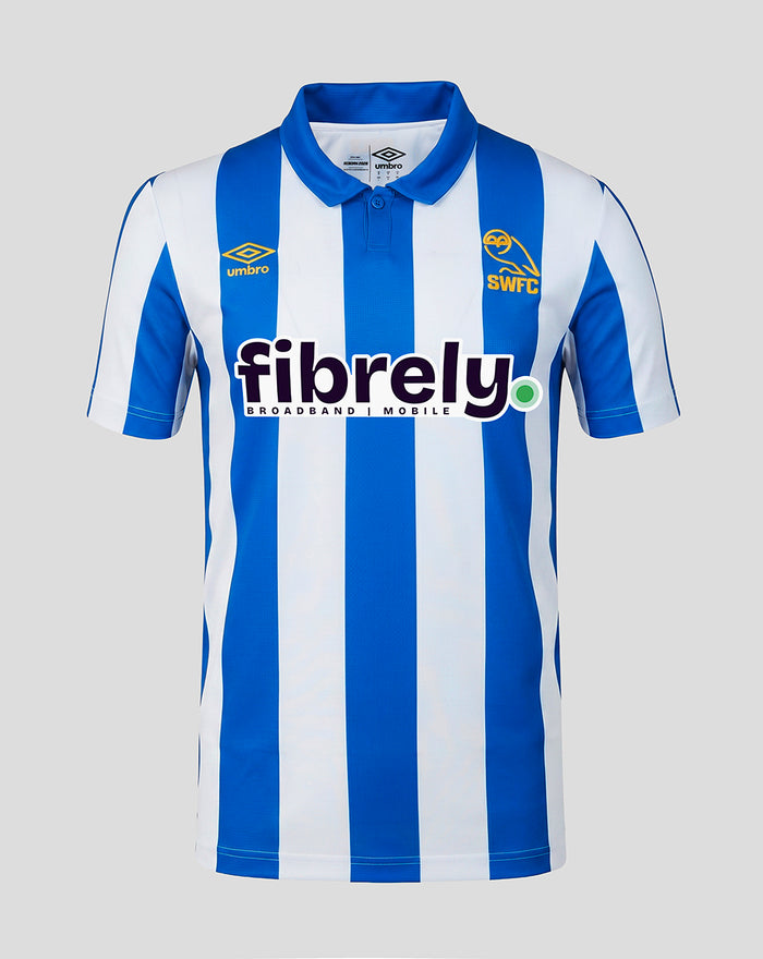 Sheffield Wednesday junior home shirt blue and white vertical stripes with ribbed polo collar and Umbro branding.