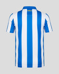 Back view of blue and white vertical striped Sheffield Wednesday junior home shirt with yellow OWLS text at the neck