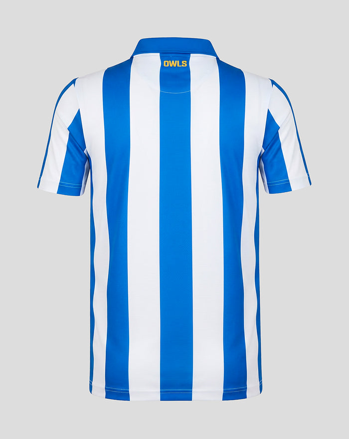 Back view of blue and white vertical striped Sheffield Wednesday junior home shirt with yellow OWLS text at the neck
