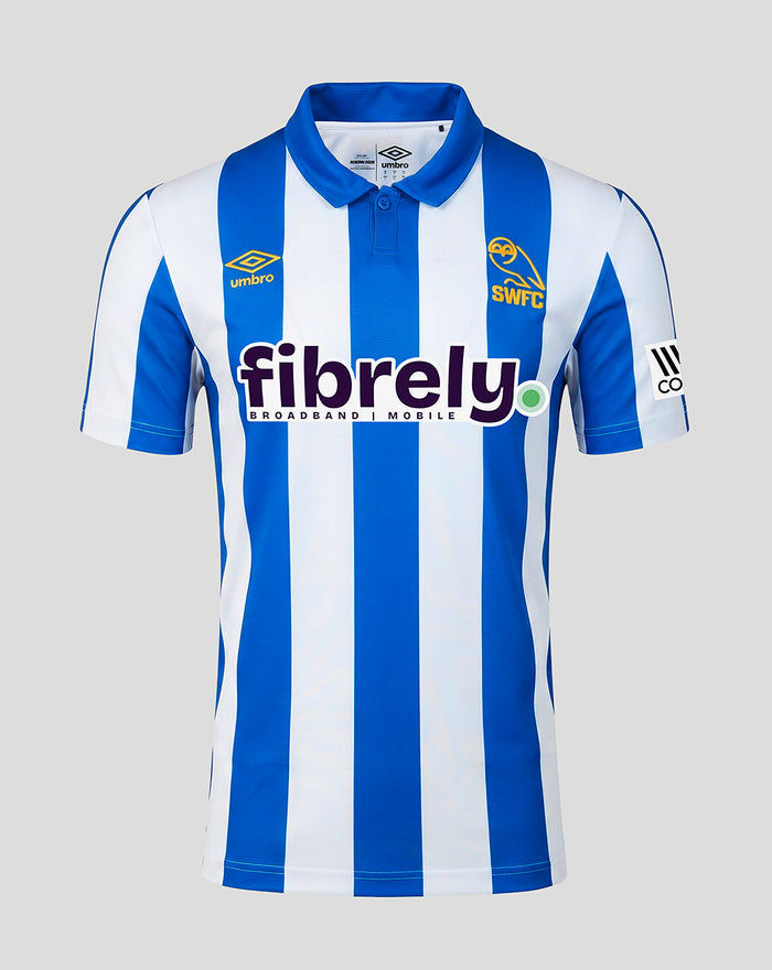 Front view of Sheffield Wednesday women's 2026/27 home shirt with blue and white vertical stripes and a ribbed polo collar