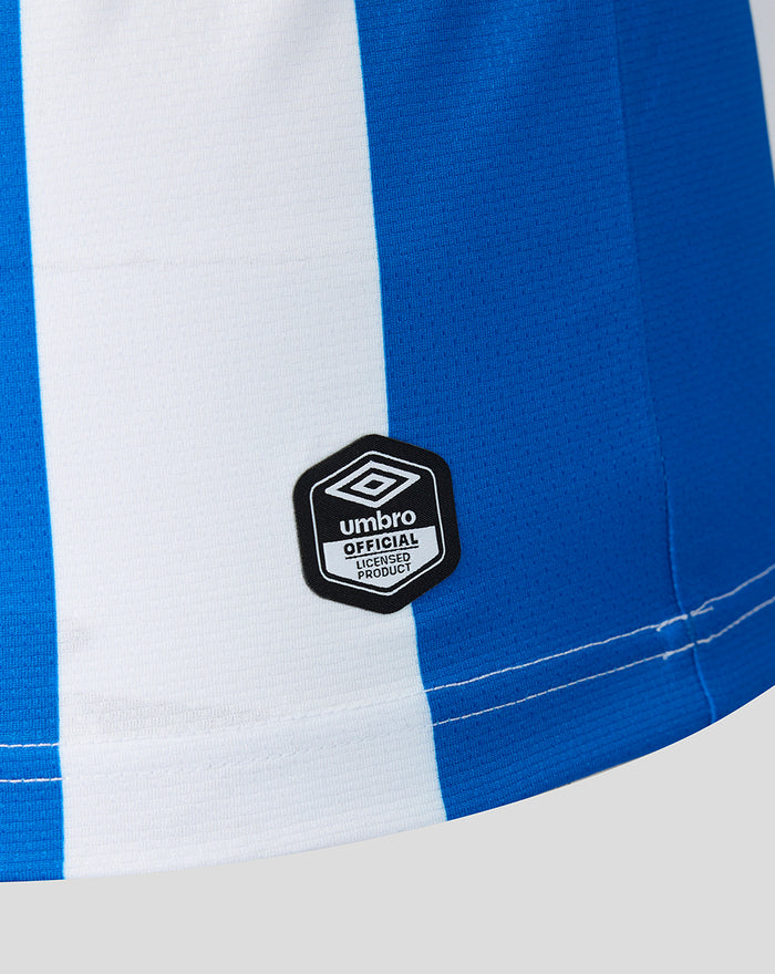Close up of blue and white vertical stripes on the Sheffield Wednesday home shirt with Umbro badge