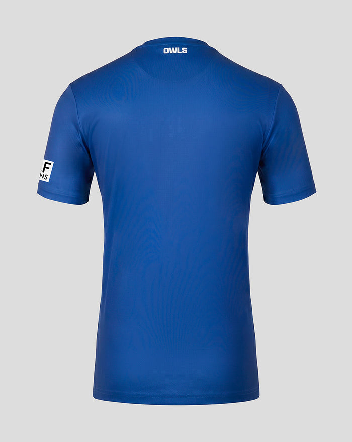 Back view of blue Sheffield Wednesday goalkeeper shirt with OWLS text on the collar.