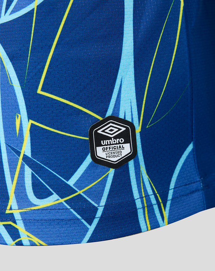 Close-up of blue Sheffield Wednesday goalkeeper shirt featuring the Umbro logo, SWFC crest, and bold sponsor graphics