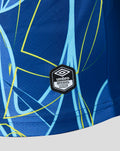 Blue goalkeeper shirt sleeve with abstract pattern and Umbro official licensed product patch on the hem