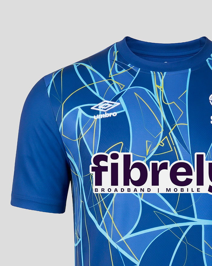 Shoulder and chest view of blue Sheffield Wednesday goalkeeper shirt with bold geometric pattern and Umbro branding