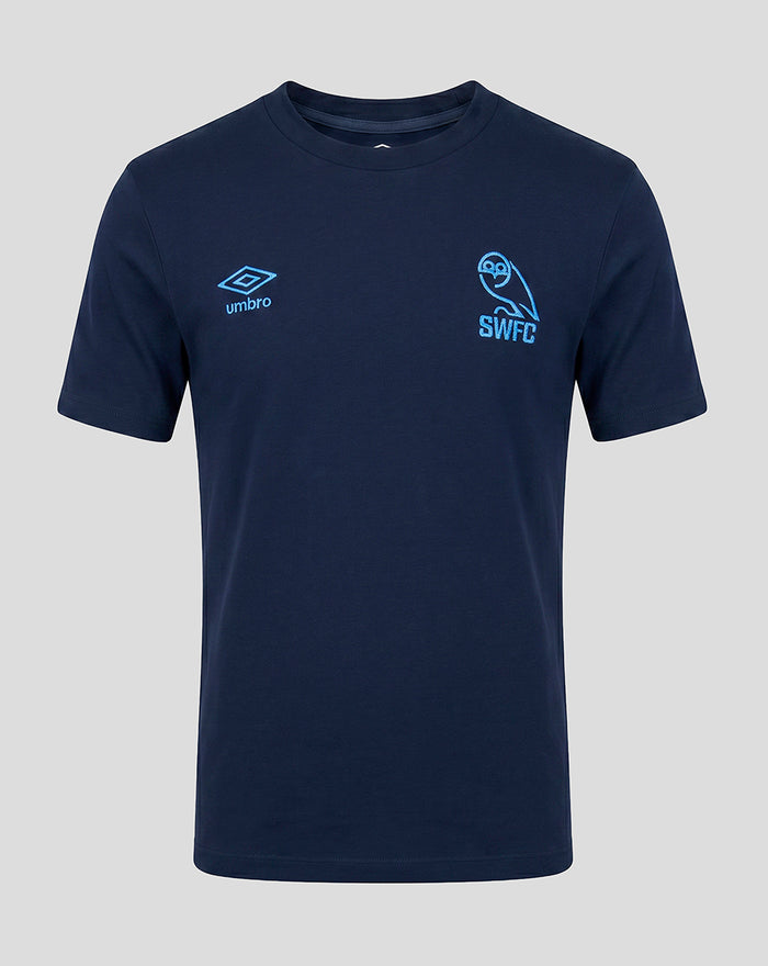 Navy junior travel short sleeve tee with SWFC crest and Umbro logo on the chest