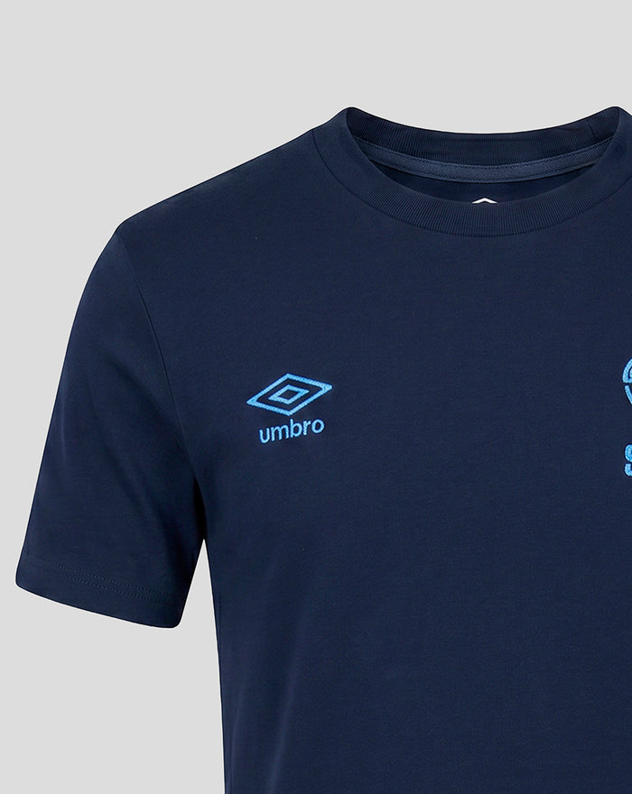 Left chest SWFC crest embroidery on navy travel tee