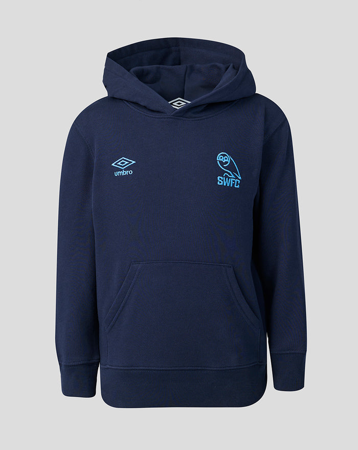 Front view of navy blue junior travel hoodie with hood, SWFC crest and Umbro logo on chest and front pocket