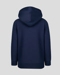 Navy junior travel hoodie seen from the back with hood up and curved hem.