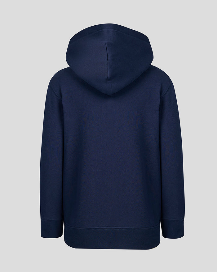 Navy junior travel hoodie seen from the back with hood up and curved hem.