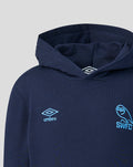 Close up of the hood and chest showing the Umbro neck label and blue SWFC crest embroidery.