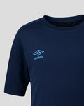 Close up of navy training tee showing Umbro logo on the chest.