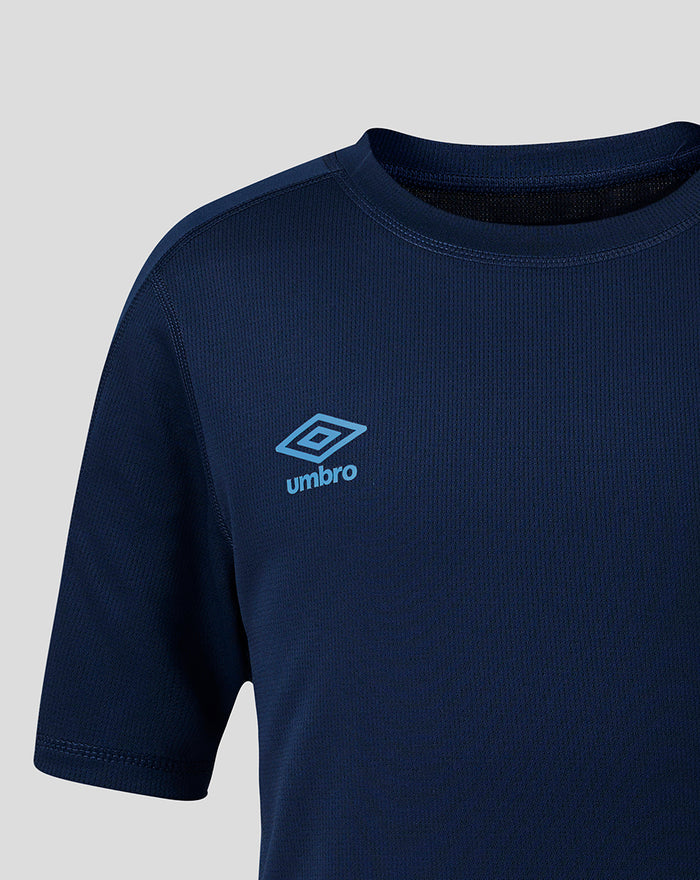 Close up of navy training tee showing Umbro logo on the chest.