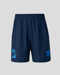 Navy junior training shorts with blue detailing, SWFC crest on left leg and Umbro logo on right