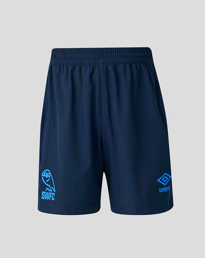 Navy junior training shorts with blue detailing, SWFC crest on left leg and Umbro logo on right