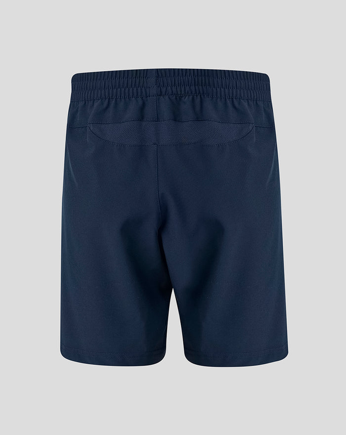 Back view of navy Sheffield Wednesday junior training shorts with elastic waistband and rear stitching panel