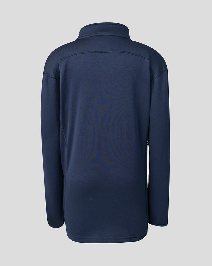 Back view of navy Sheffield Wednesday junior training quarter zip with subtle blue detailing