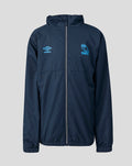 Front view of navy junior training showerproof jacket with blue Umbro logo on the left chest and SWFC crest on the right chest