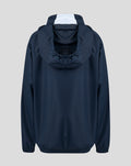 Back view of navy junior training showerproof jacket with attached hood and white inner hood panel