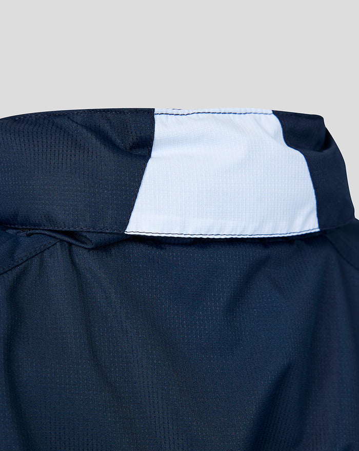Close up of the collar on the navy Sheffield Wednesday training jacket with a light blue inner panel.