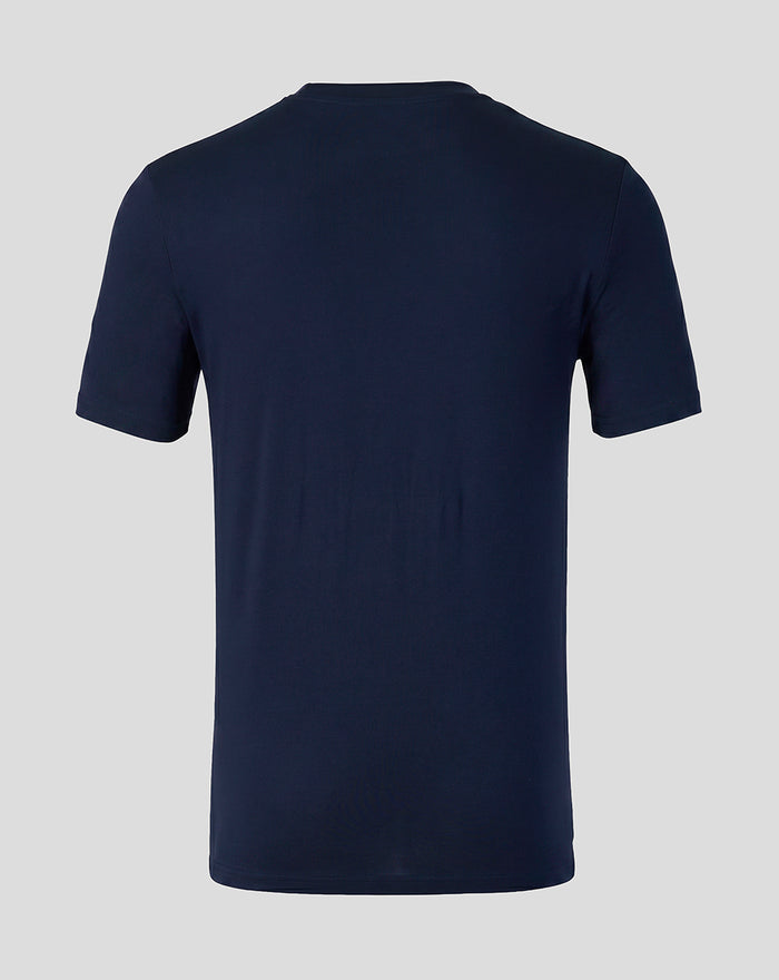 Back view of navy unisex travel short sleeve tee