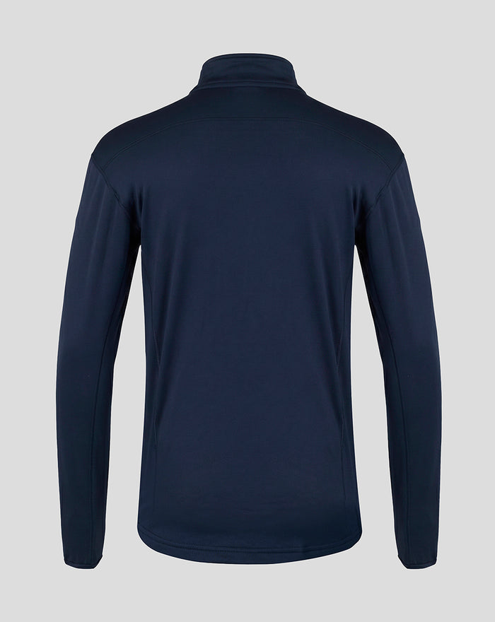 Back view of navy Sheffield Wednesday travel quarter zip jacket with stand collar