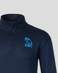 Front view of navy travel quarter zip with blue SWFC crest on the chest