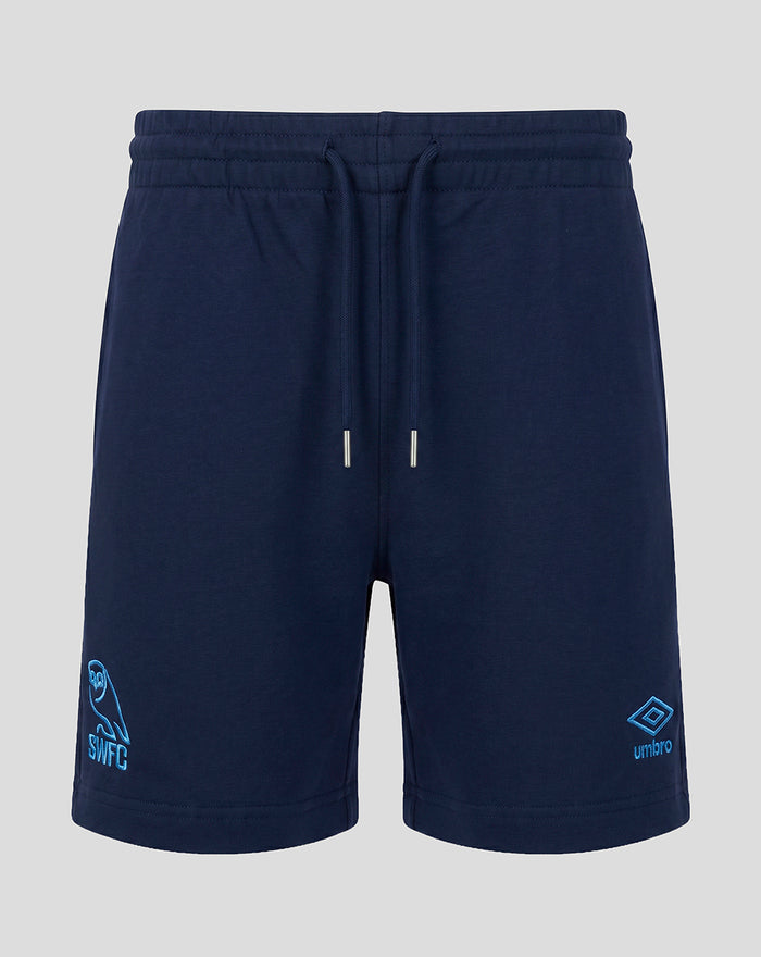 Navy Sheffield Wednesday travel shorts with drawstring waist and owl emblem on left leg and Umbro logo on right