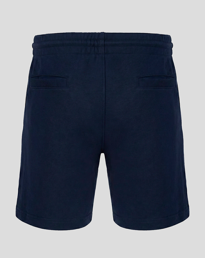 Back view of navy Sheffield Wednesday travel shorts showing two back pockets and elastic waistband