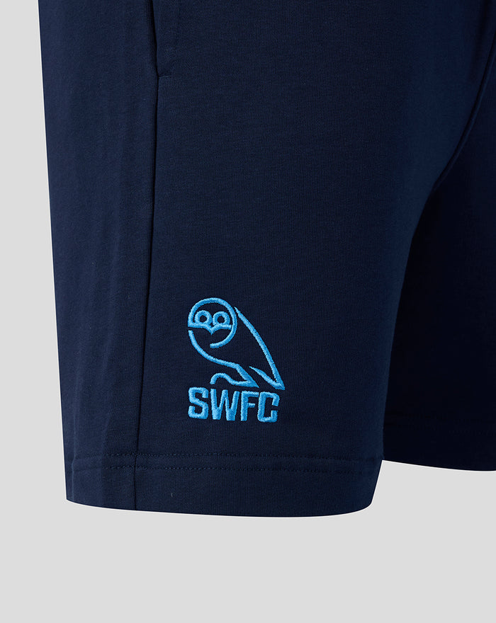 Navy Sheffield Wednesday travel shorts with light blue SWFC crest embroidery at the hem
