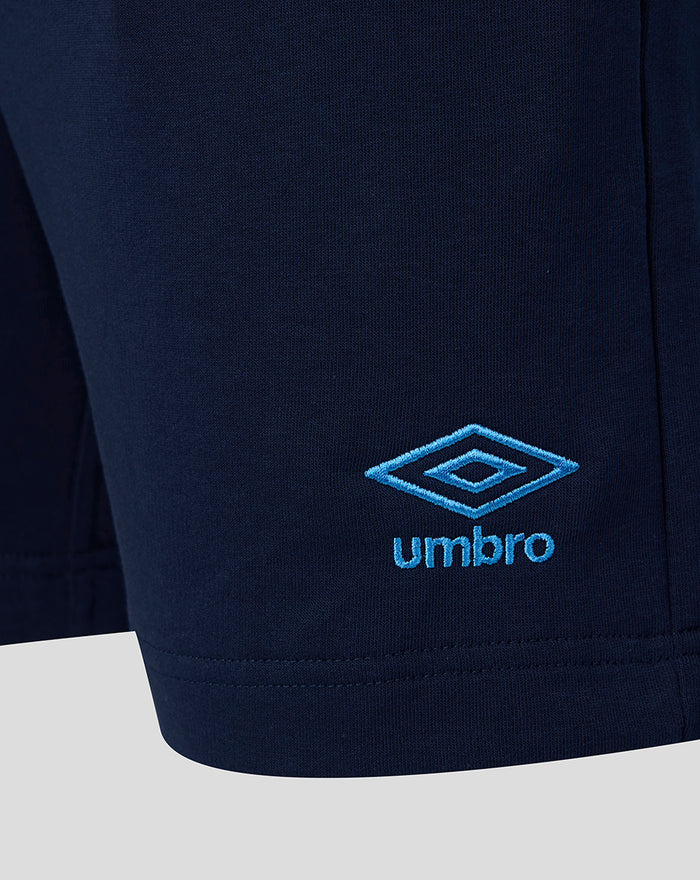 Navy travel shorts with light blue Umbro diamond logo embroidered on the side