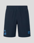 Front view of navy Sheffield Wednesday training shorts with blue detailing and SWFC and Umbro logos.
