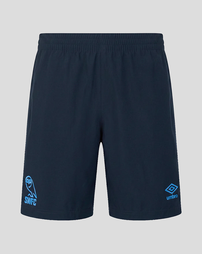 Front view of navy Sheffield Wednesday training shorts with blue detailing and SWFC and Umbro logos.