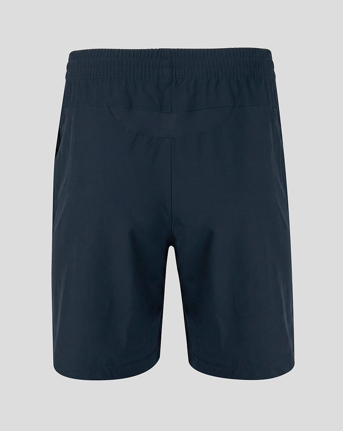 Back view of navy Sheffield Wednesday training shorts with elastic waistband and curved back panel.