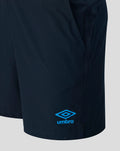 Official Sheffield Wednesday navy training shorts with light blue detailing and Umbro logo.