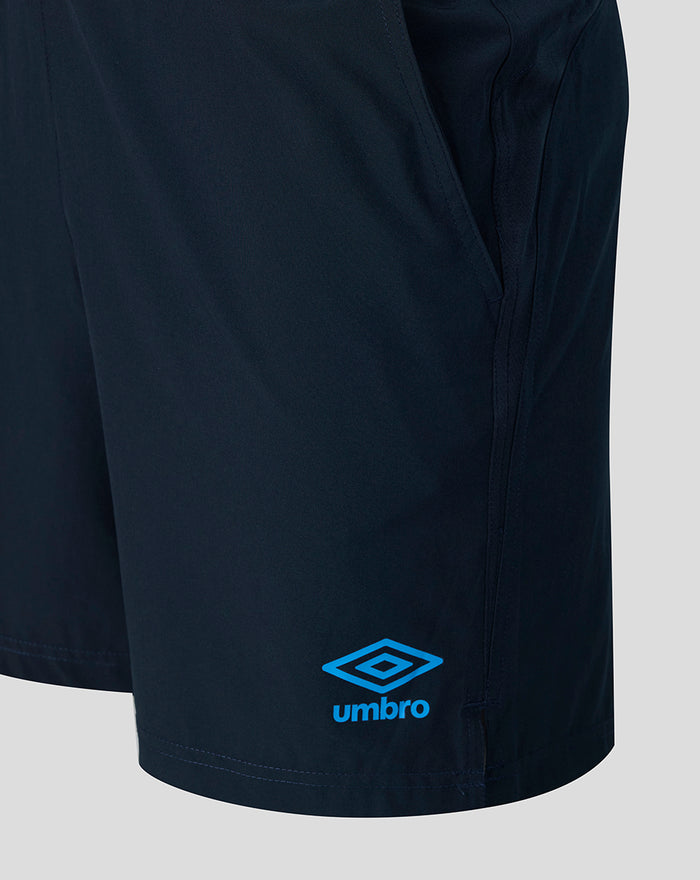 Official Sheffield Wednesday navy training shorts with light blue detailing and Umbro logo.