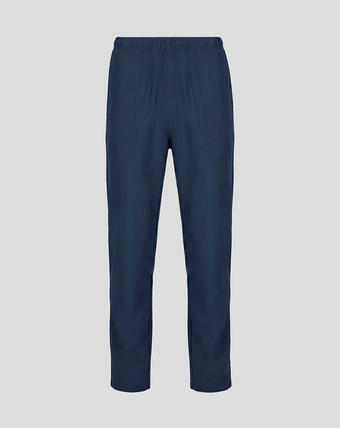 Front view of navy Sheffield Wednesday training pants with blue detailing and an elastic waistband