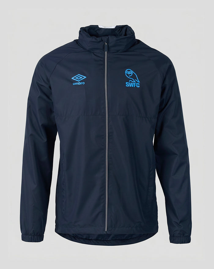 Front view of navy hooded showerproof training jacket with blue SWFC crest and Umbro logo.