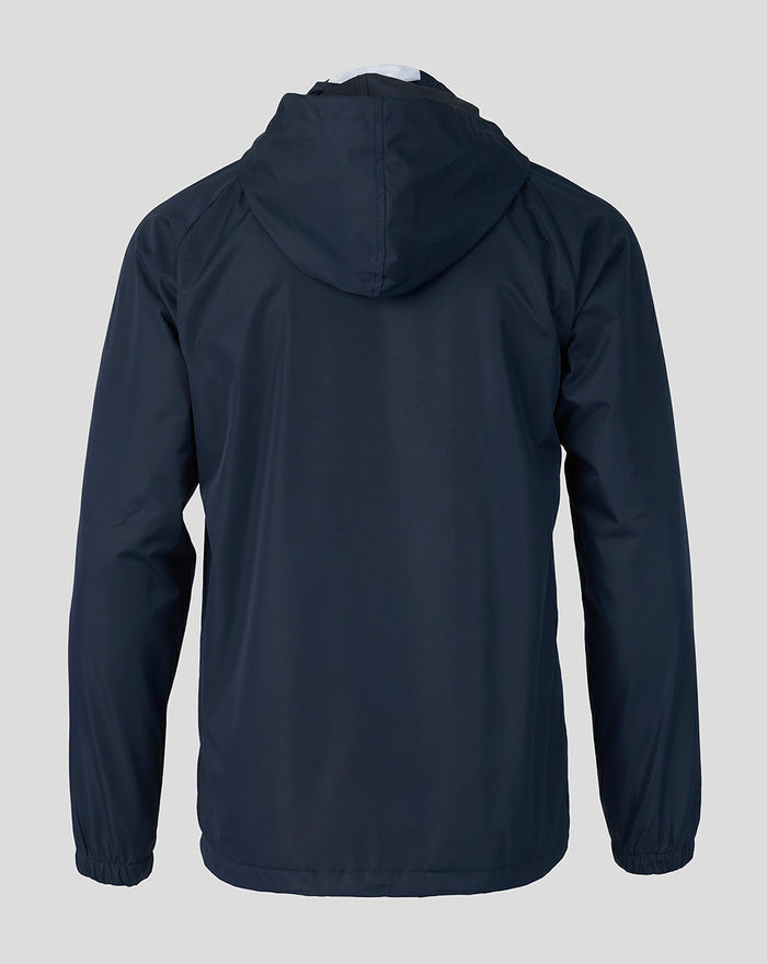 Back view of navy Sheffield Wednesday showerproof jacket with hood.