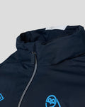 Collar close up of navy training showerproof jacket with high collar white inner lining and front zipper.