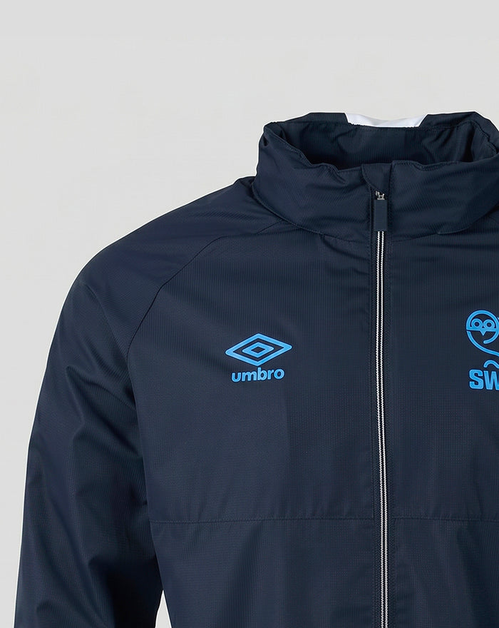 Front view of navy showerproof training jacket with zipper, blue detailing, Umbro logo on left chest and SWFC crest on right.